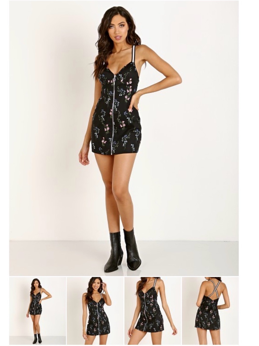 For Love And Lemons Luz Black Floral Fitted Mini Dress with Front Zip size XS